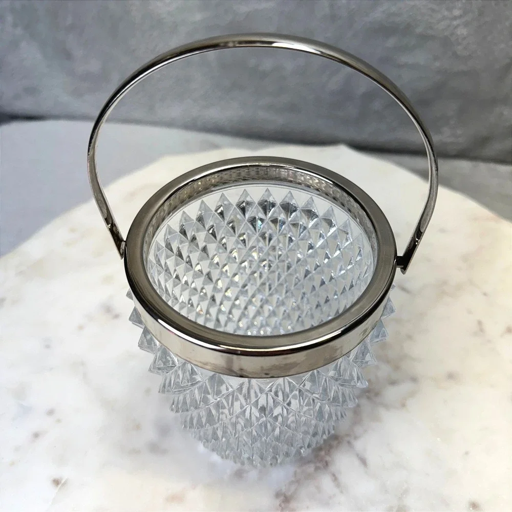 Vintage‎ English Cut Glass Ice Bucket Silver Rim Swing Handle Diamond Point Bar
